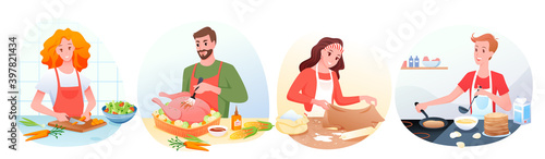 People in chef aprons cook healthy food in kitchen set