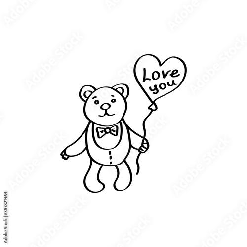 Cute bear with a balloon. Love confession Doodle illustration. Valentines day vector design element for greeting cards, invitations. Black outline isolated on a white background