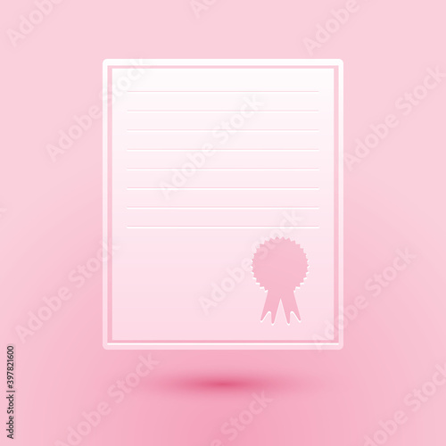 Paper cut Certificate template icon isolated on pink background. Achievement, award, degree, grant, diploma concepts. Business success certificate. Paper art style. Vector.