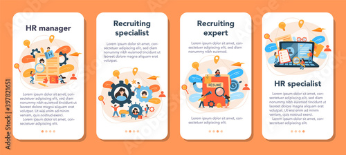 Human resources manager mobile application banner set. Idea of recruitment