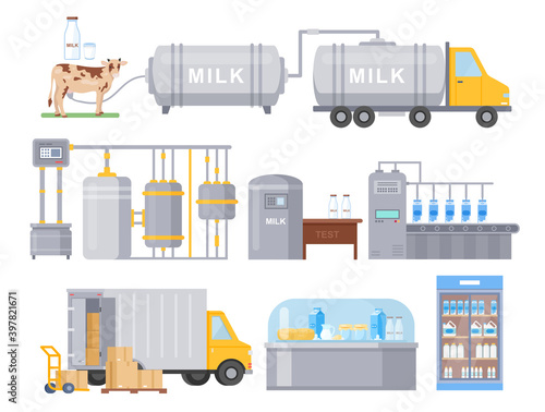 Cartoon technology for milk production, packaging, delivery to store, selling milk and cheese products isolated on white. Milk automated factory production line process infographic vector illustration