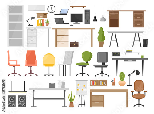 Cartoon ergonomic furnishing objects for modern interior design collection with chair and manager table with laptop, hanging lamp, bookcase isolated on white. Office furniture vector illustration set.
