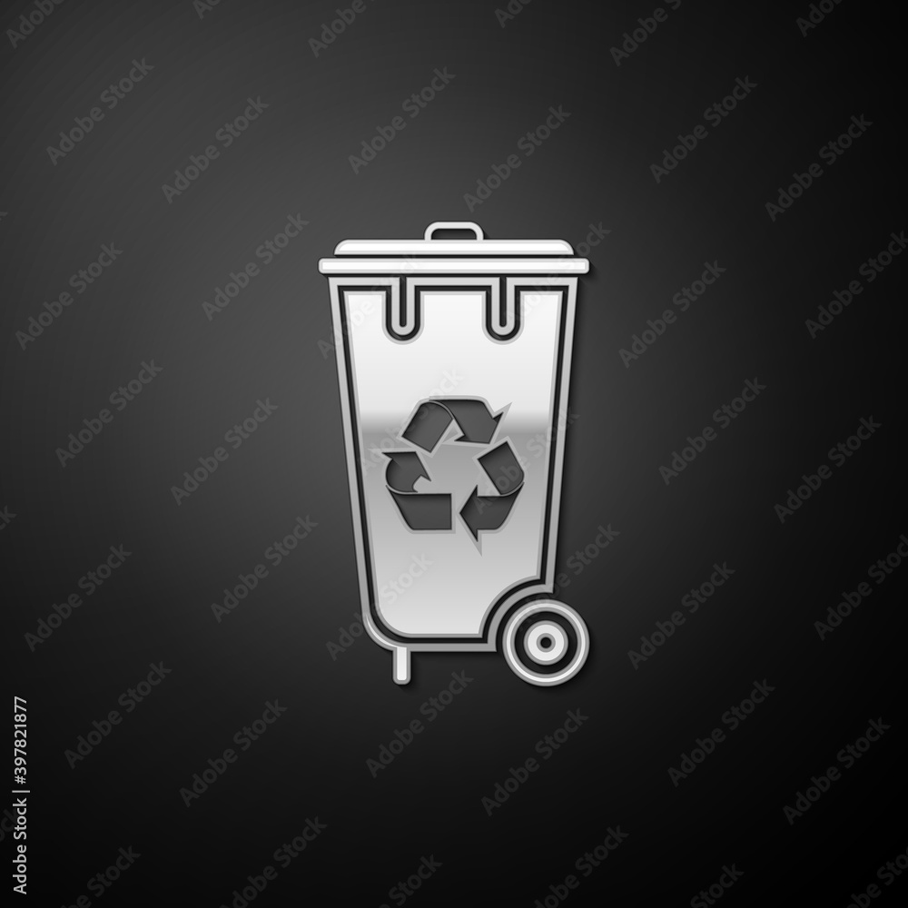 Silver Recycle bin with recycle symbol icon isolated on black background. Trash can icon. Garbage bin sign. Recycle basket icon. Long shadow style. Vector. Silver Recycle bin with recycle symbol icon isolated on black background. Trash can icon. Garbage bin sign. Recycle basket icon. Long shadow style. Vector.