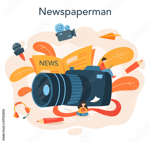 Journalist concept. TV reporter with microphone. Mass media