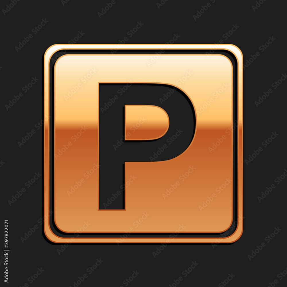 Gold Parking sign icon isolated on black background. Street road sign. Long shadow style. Vector. Gold Parking sign icon isolated on black background. Street road sign. Long shadow style. Vector.