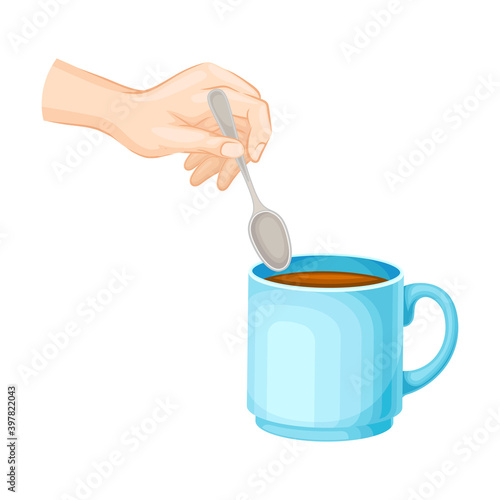 Human Hand Stirring Brewed Tea with Spoon Vector Illustration