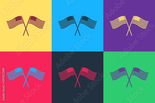 Pop art Two crossed American waving flags icon isolated on color background. National flag of USA. The United States of America flag. Independence day. Vector.