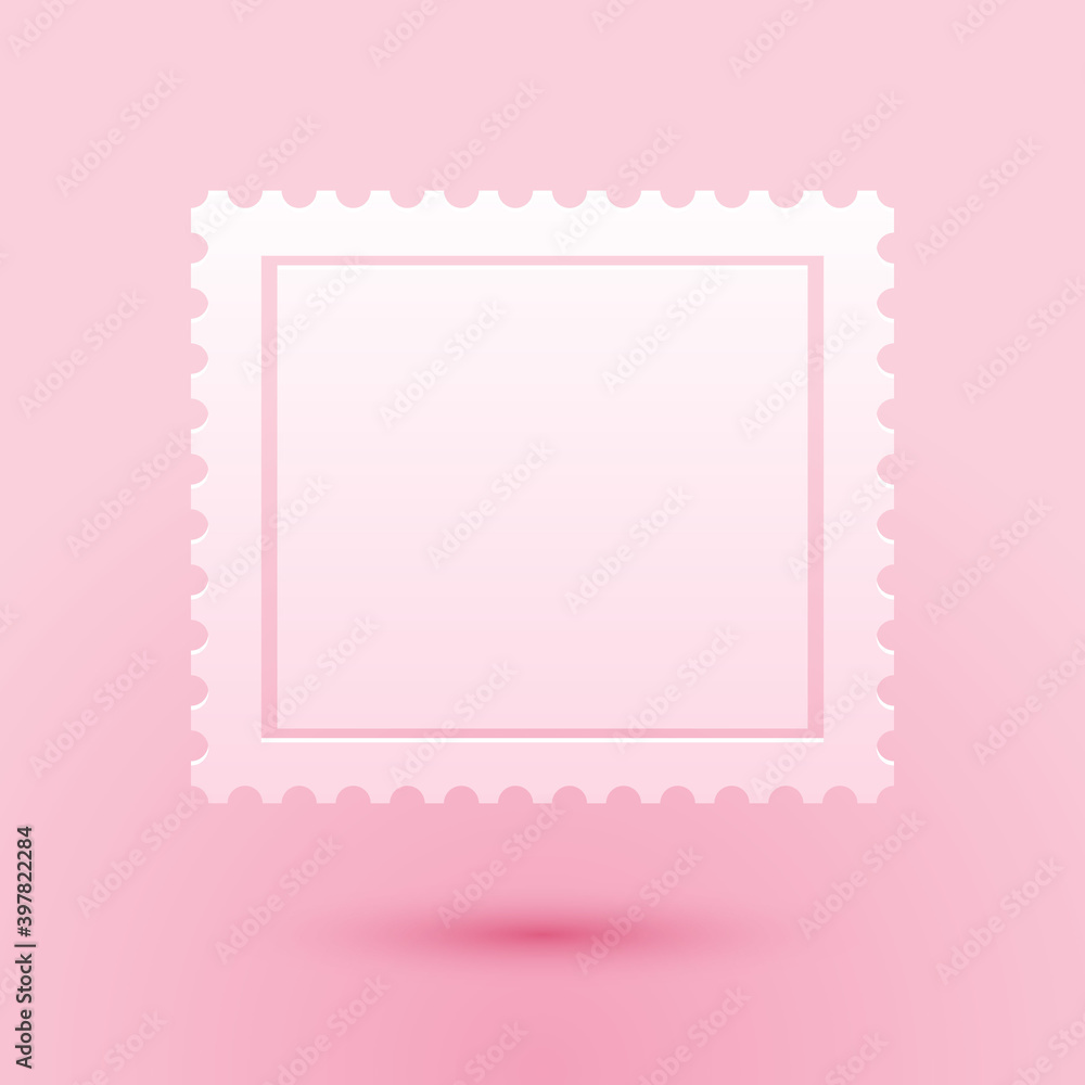 Paper cut Postal stamp icon isolated on pink background. Paper art style. Vector.