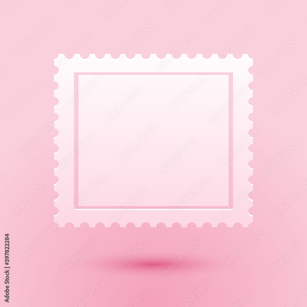 Paper cut Postal stamp icon isolated on pink background. Paper art style. Vector. Paper cut Postal stamp icon isolated on pink background. Paper art style. Vector.