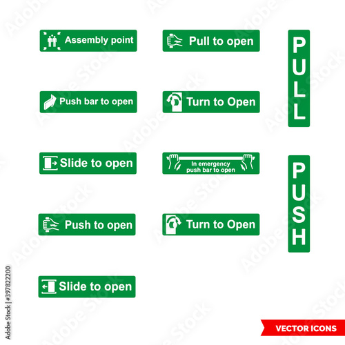 Emergency escape labels icon set of color types. Isolated vector sign symbols. Icon pack.