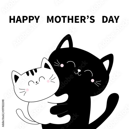 Happy Mothers day. Cat holding kitten. Hugging family. Hug, embrace, cuddle. Cute funny cartoon character. Greeting card. Black White contour kitty. Baby pet background. Flat design.