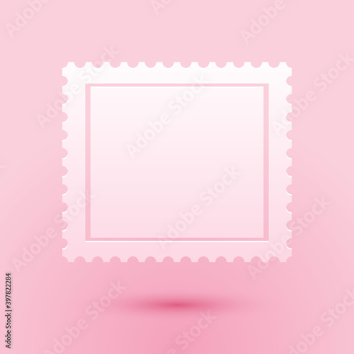 Paper cut Postal stamp icon isolated on pink background. Paper art style. Vector.