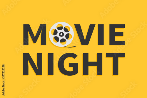 Movie night text word. Film movie reel. I love cinema icon. Film festival banner flyer poster invitation template. Flat design style. Yellow background. Isolated.