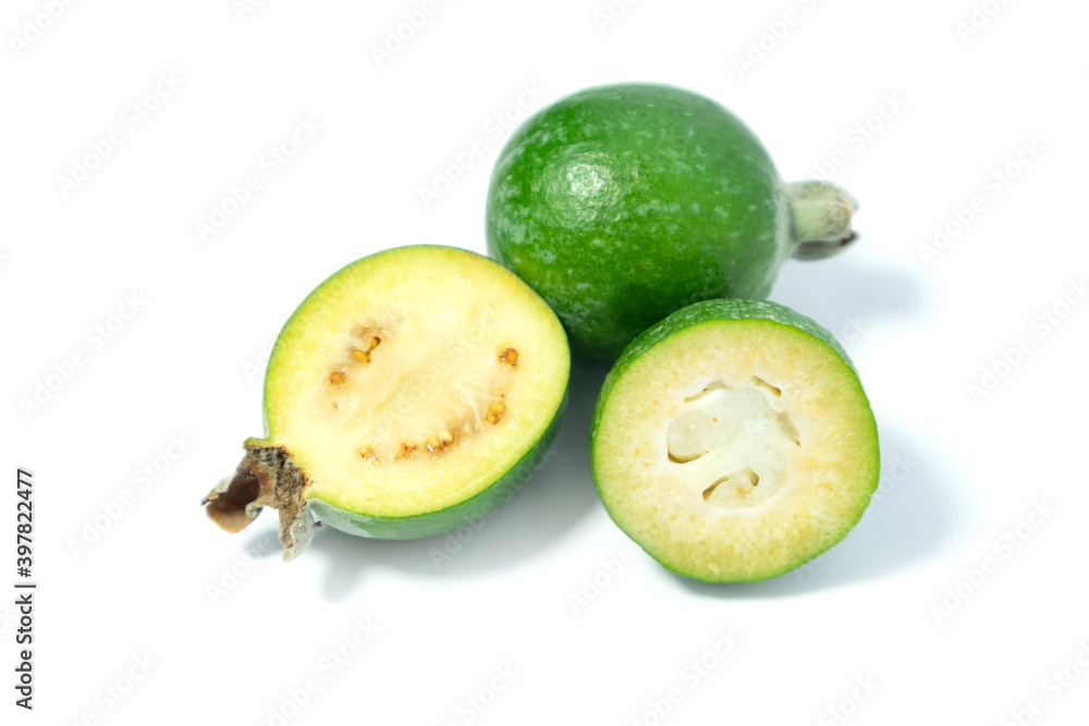 Feijoa fruits on white background. Tropical ripe feijoa fruits. Feijoa fruits on white background. Tropical ripe feijoa fruits.