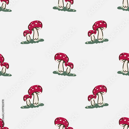 Cute gender neutral toadstool vector pattern. Fungi fly agaric home decor cartoon mushroom. Seamless boho poisonous mycology all over print. 