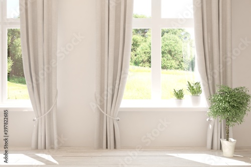 White empty room with summer landscape in window. Scandinavian interior design. 3D illustration