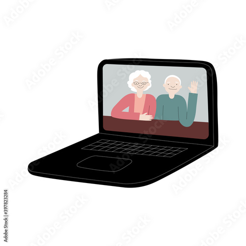 Vector flat illustration with happy grandparents online on laptop screen. Senior couple