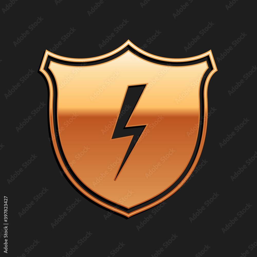 Gold Secure shield with lightning icon isolated on black background. Security, safety, protection, privacy concept. Long shadow style. Vector. Gold Secure shield with lightning icon isolated on black background. Security, safety, protection, privacy concept. Long shadow style. Vector.