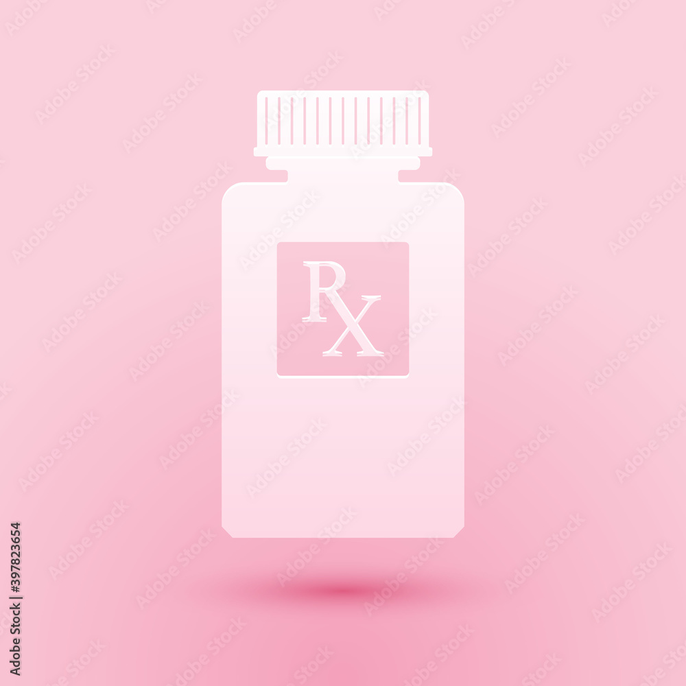 Paper cut Pill bottle with Rx sign and pills icon isolated on pink background. Pharmacy design. Rx as a prescription symbol on drug medicine bottle. Paper art style. Vector. Paper cut Pill bottle with Rx sign and pills icon isolated on pink background. Pharmacy design. Rx as a prescription symbol on drug medicine bottle. Paper art style. Vector.