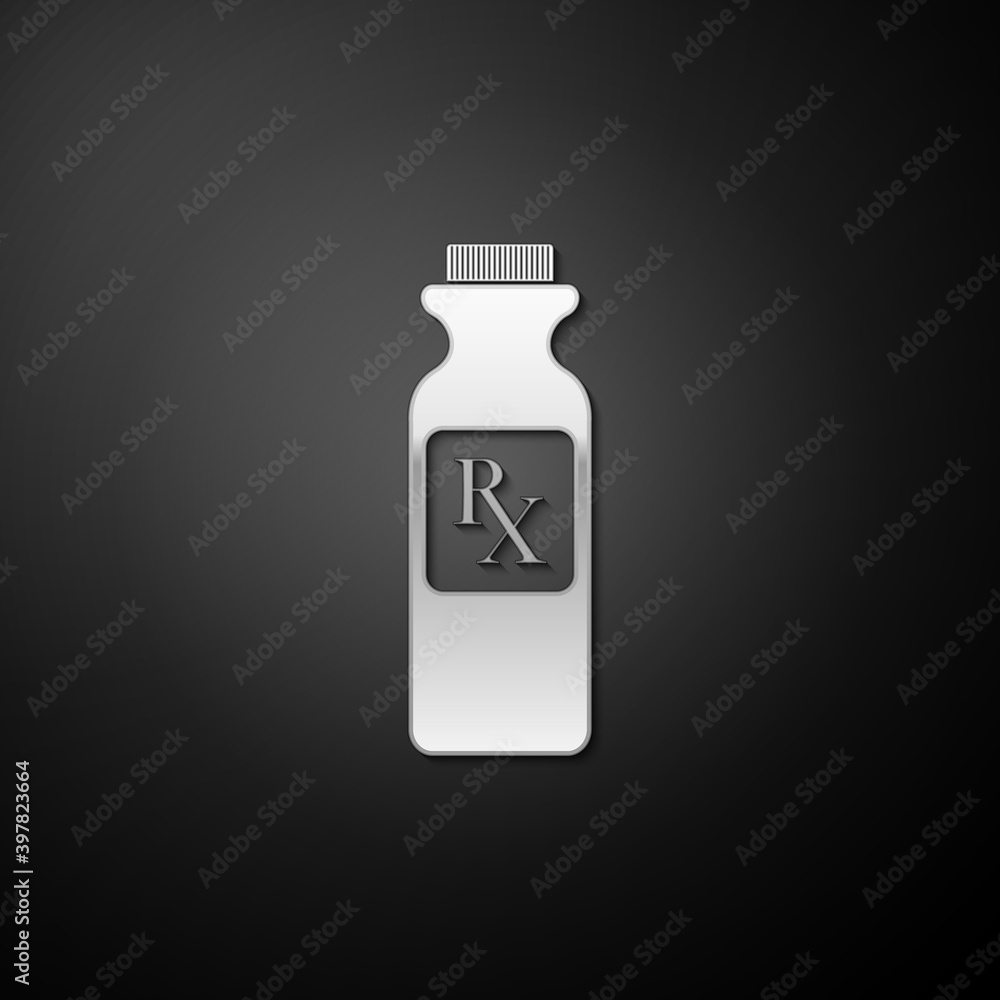 Silver Pill bottle with Rx sign and pills icon isolated on black background. Pharmacy design. Rx as a prescription symbol on drug medicine bottle. Long shadow style. Vector. Silver Pill bottle with Rx sign and pills icon isolated on black background. Pharmacy design. Rx as a prescription symbol on drug medicine bottle. Long shadow style. Vector.