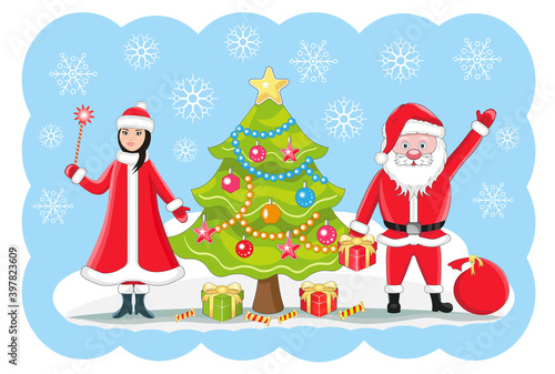 Vector illustration of Santa Claus and snow maiden, gifts and Christmas tree.
