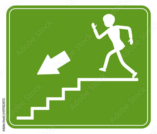 Emergency down stairs exit sign, green safety evacuation indicator. Running man pictorial international representation, arrow showing escape route, public place. Vector flat style cartoon illustration