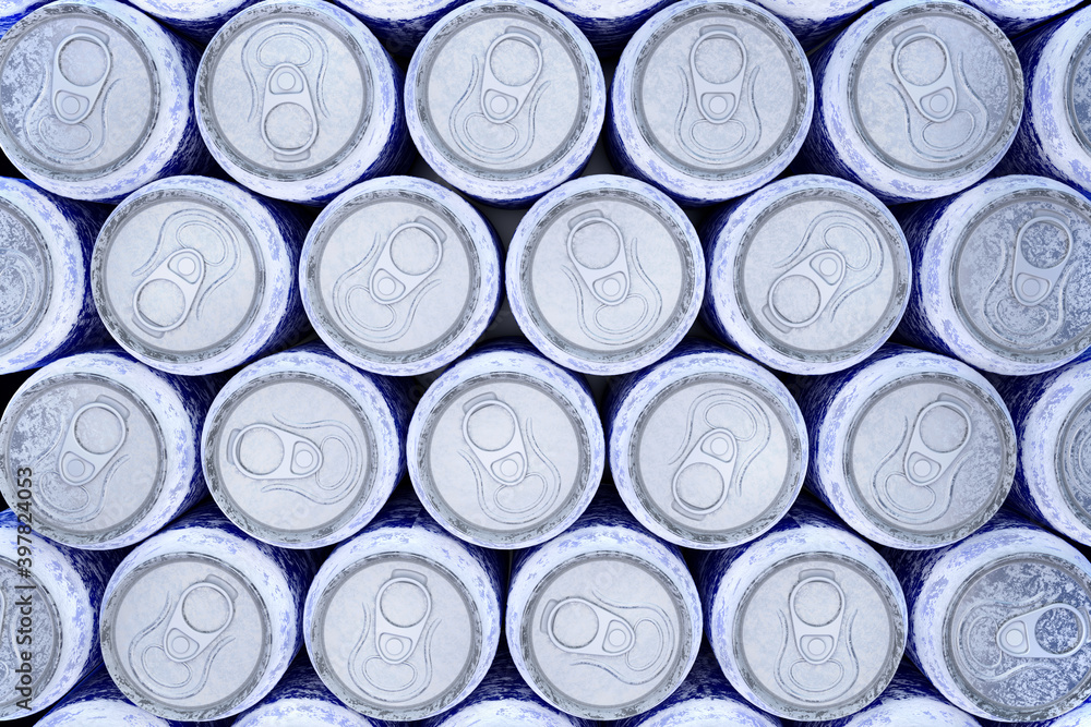 Group of frozen blue aluminum energy drink cans from above close up full frame Group of frozen blue aluminum energy drink cans from above close up full frame
