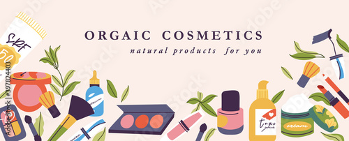 Vector illustration various of cosmetics. Face and body care cosmatics products. Cleansing, moisturizing, treating. Natural eco friendly composition for web banner.