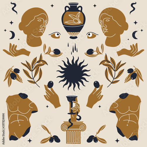 Vector illustration of bundle antique signs and symbols - statues, olive branch, amphora, column, helmet. Ancient greek or roman style elements. Seamless pattern.