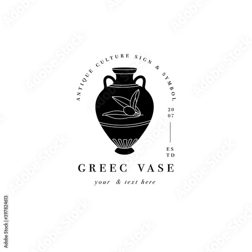 Vector set of antique logo - amphora with olive branch. Ancient greek or roman style elements.
