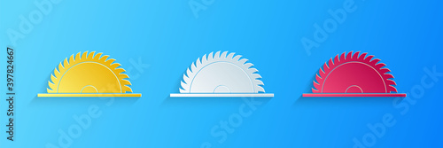 Paper cut Circular saw blade icon isolated on blue background. Saw wheel. Paper art style. Vector.
