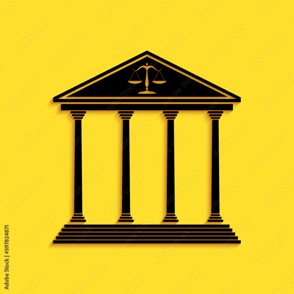 Black Courthouse building icon isolated on yellow background. Long shadow style. Vector. Black Courthouse building icon isolated on yellow background. Long shadow style. Vector.