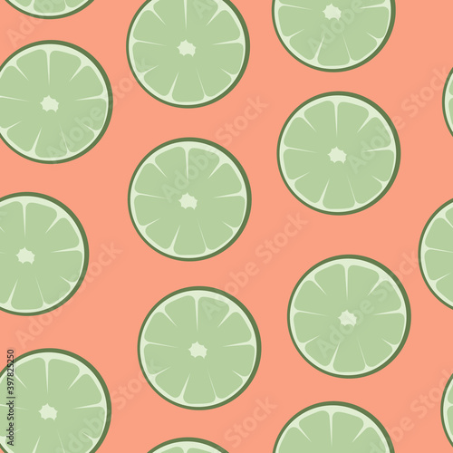 Seamless pattern with lime, citrus. Vector illustration. Citrus slices on an orange background. For textiles and printing.