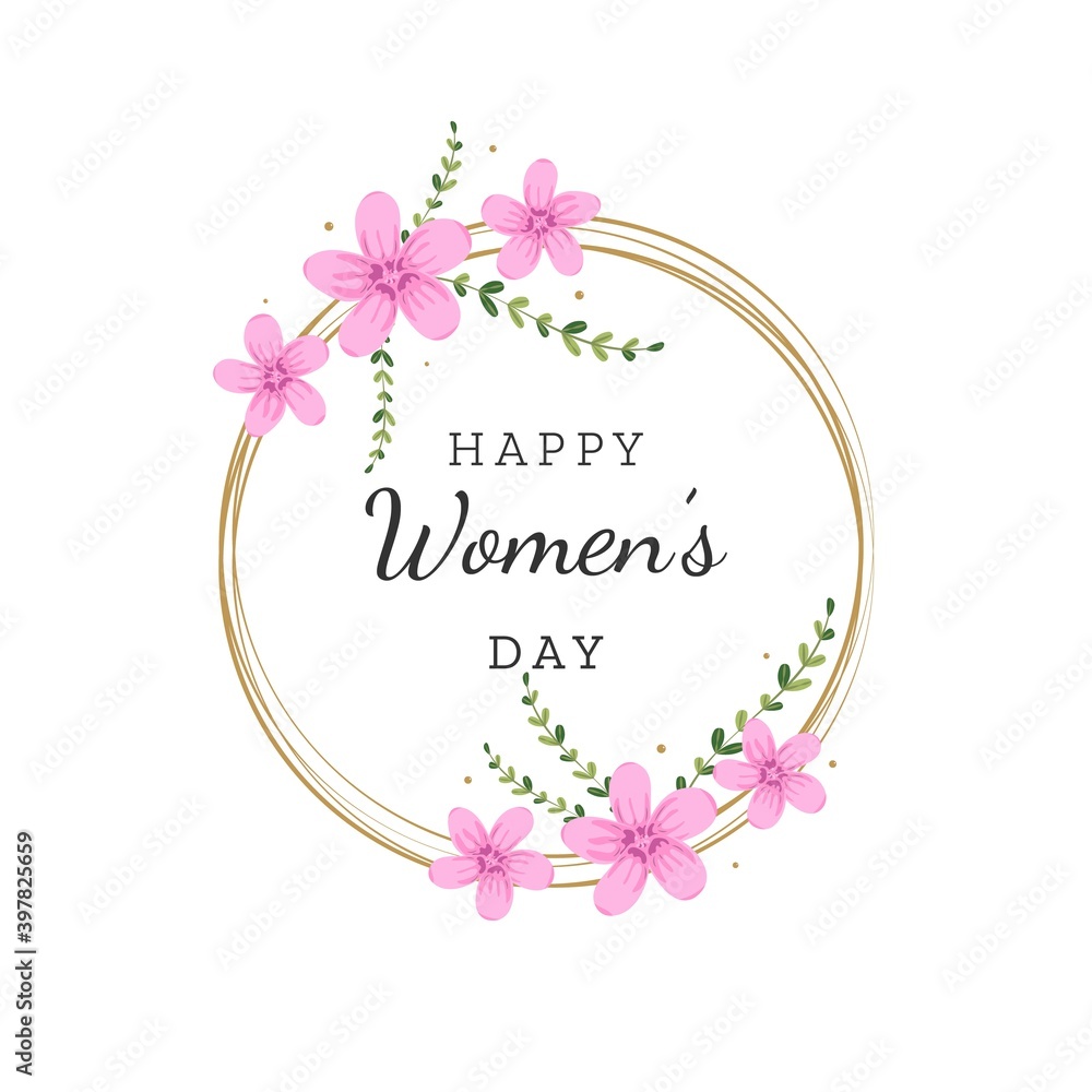 March 8 is international women's day. Greeting card with stylish wreath and cute pink flowers. Vector illustration on white background