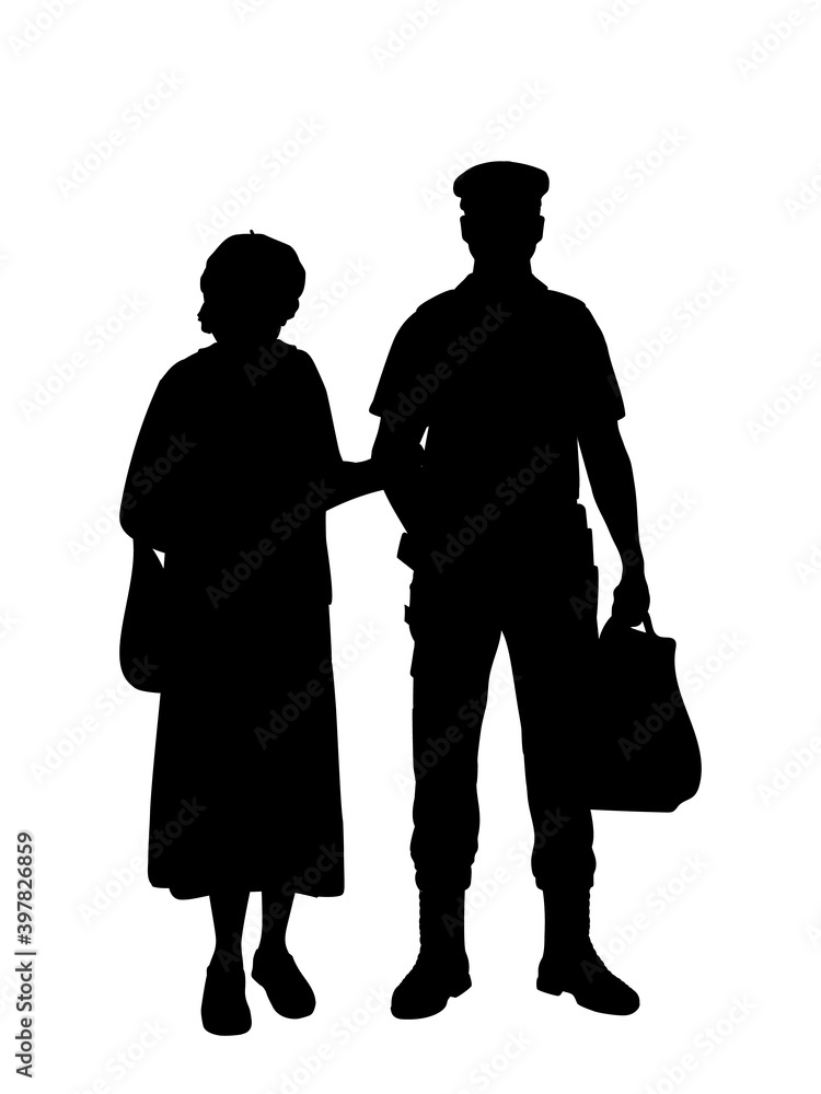 Silhouette policeman helping grandmother