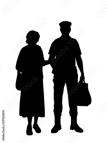Silhouette policeman helping grandmother