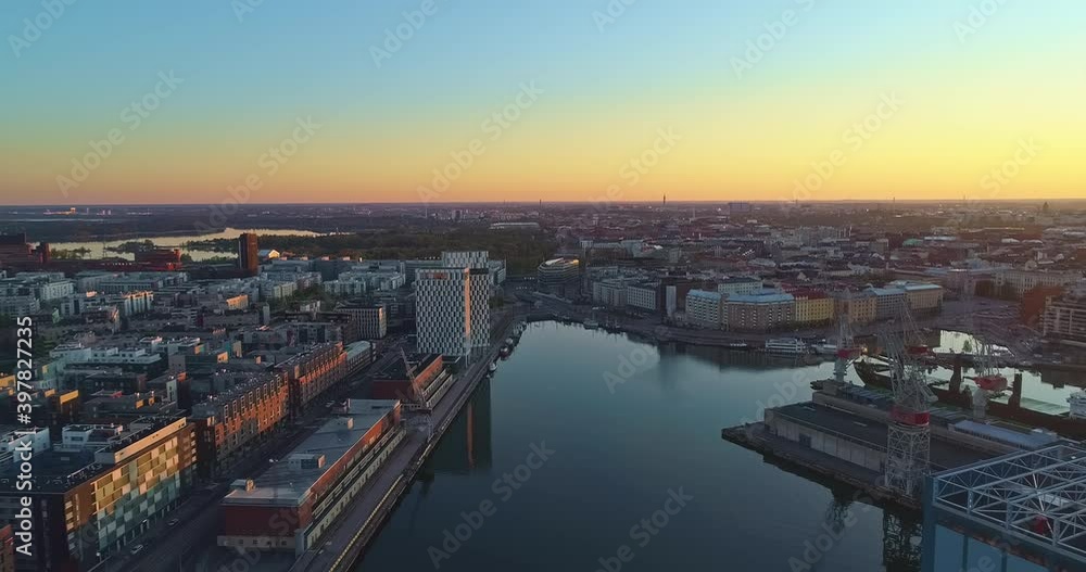 Drone Closing in View of Helsinki City West Harbour and Colourful Summer Sky Drone Closing in View of Helsinki City West Harbour and Colourful Summer Sky