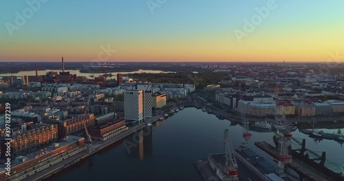 Aerial View of Helsinki City Panoramic Colourful Skyline from West Harbour, tilt shot photo