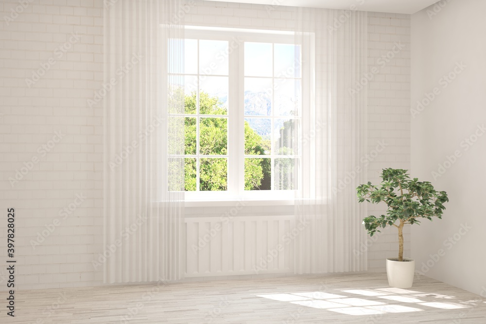 Fototapeta premium White empty room with summer landscape in window. Scandinavian interior design. 3D illustration