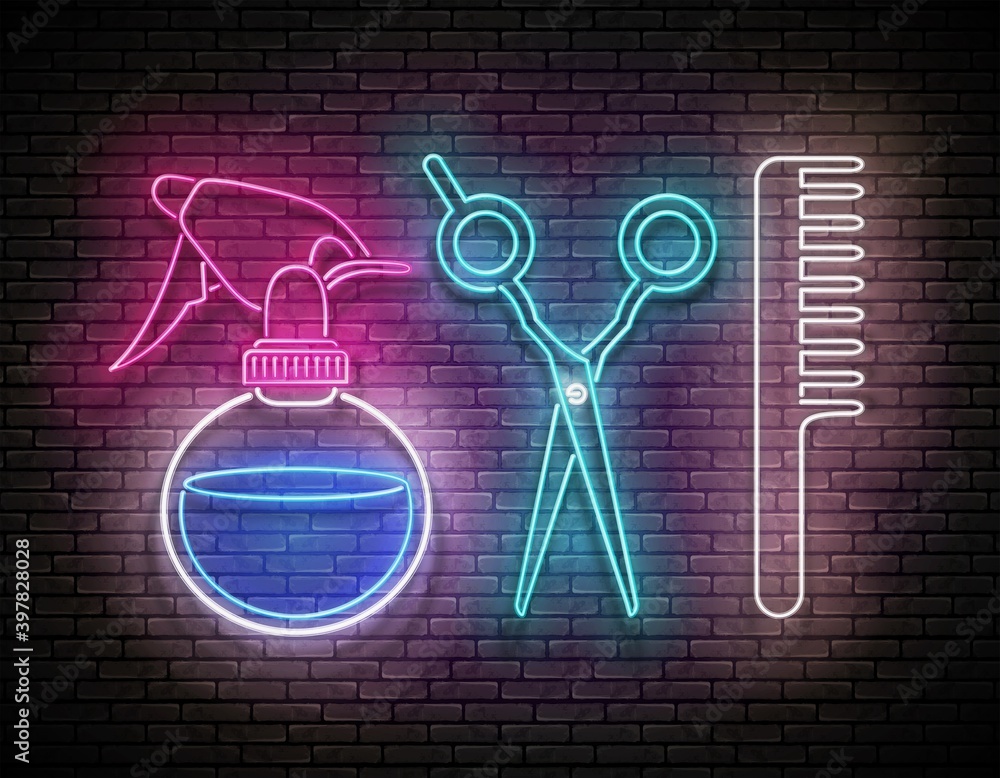 Glow Hairdressing Scissors, Hairbrush and Sprayer, Professional Hairstyling Tool. Barbershop, Hairdresser Salon Template. Shiny Neon Light Poster, Flyer, Banner. Brick Wall. Vector 3d Illustration Glow Hairdressing Scissors, Hairbrush and Sprayer, Professional Hairstyling Tool. Barbershop, Hairdresser Salon Template. Shiny Neon Light Poster, Flyer, Banner. Brick Wall. Vector 3d Illustration