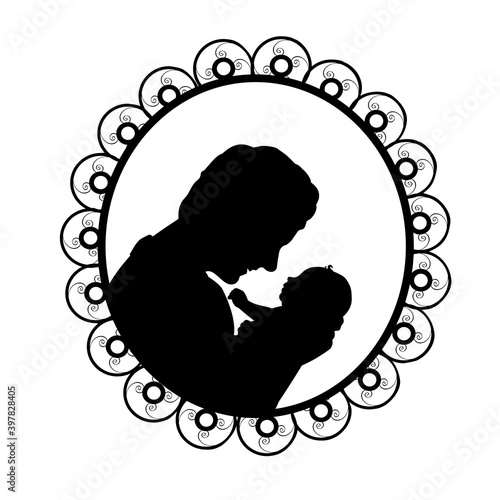 Silhouette in frame happy father holding newborn little baby