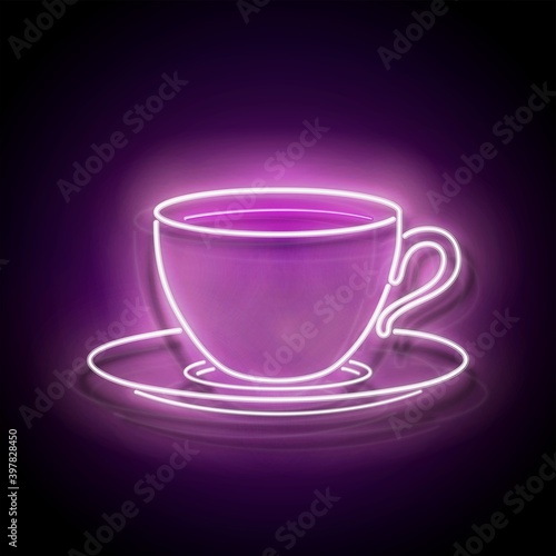Glow Signboard with a Cup of Coffee. Cafe Label. Cappuccino, Espresso, Americano Drink. Neon Poster, Flyer, Banner, Invitation. Glossy Background. Vector 3d Illustration