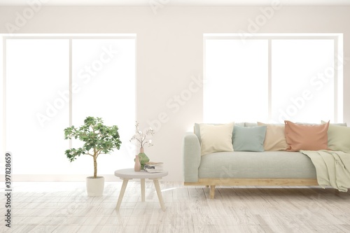 White living room with sofa. Scandinavian interior design. 3D illustration