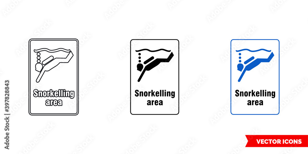 Snorkelling area general notice sign icon of 3 types color, black and white, outline. Isolated vector sign symbol. Snorkelling area general notice sign icon of 3 types color, black and white, outline. Isolated vector sign symbol.