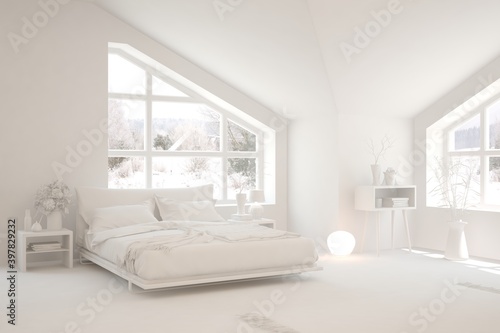 Modern bedroom in white color. Scandinavian interior design. 3D illustration