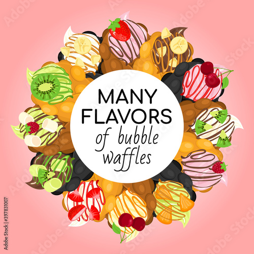 Circle frame of bubble waffles. Composition of different types of bubble waffles arranged in a circle, a wreath of Hongkong waffles cones. Template for advertising, banner.