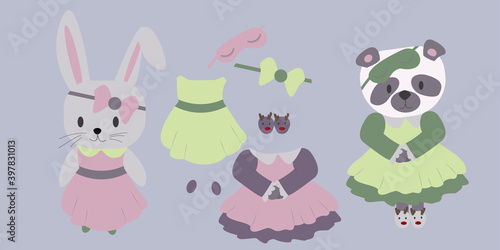 Cute panda and rabbit in cartoon style. Change of clothes and accessories. Vector illustration for children. Cartoon animals icons set
