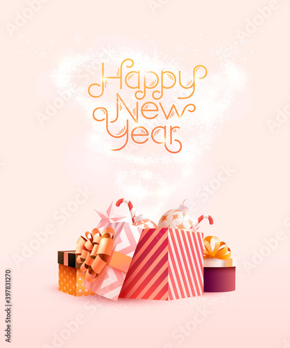 New year gift boxes with decoration and greeting inscription.