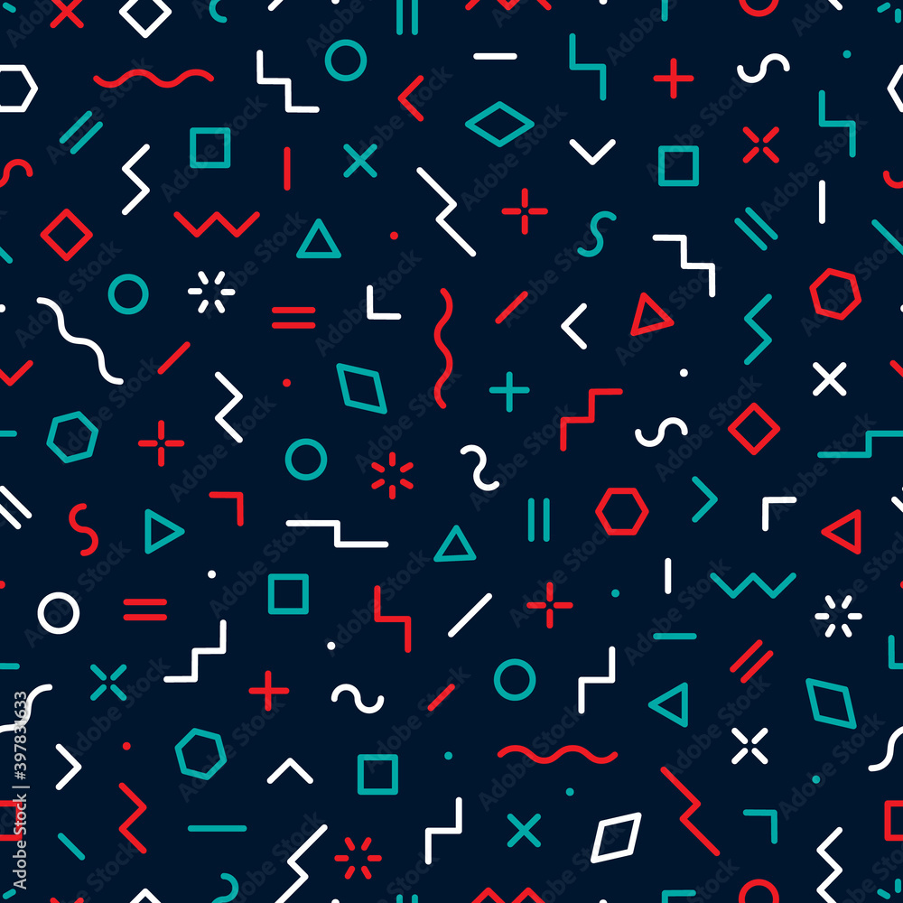 Naklejka Memphis seamless pattern. Abstract geometric background. Pattern for every day design. Modern hipster elements. Graphic shapes circle, line, square and triangle. Fashion element abstract shape. Vector