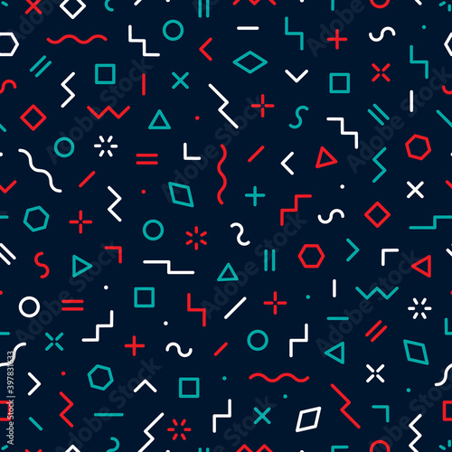 Memphis seamless pattern. Abstract geometric background. Pattern for every day design. Modern hipster elements. Graphic shapes circle, line, square and triangle. Fashion element abstract shape. Vector